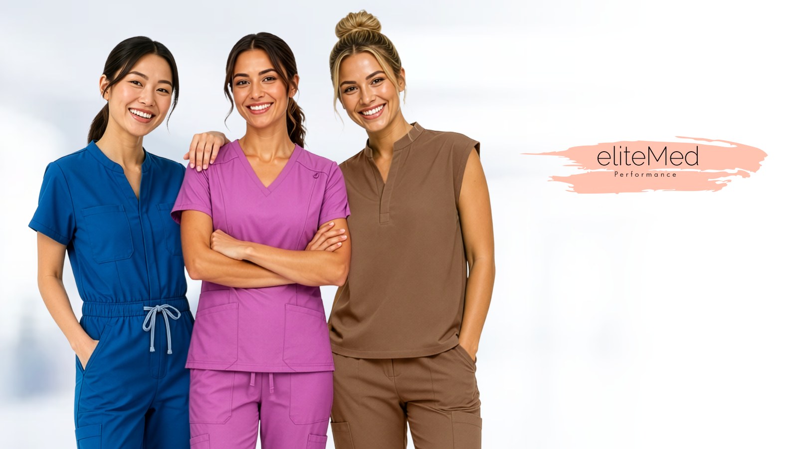 Models wearing EliteMed scrubs