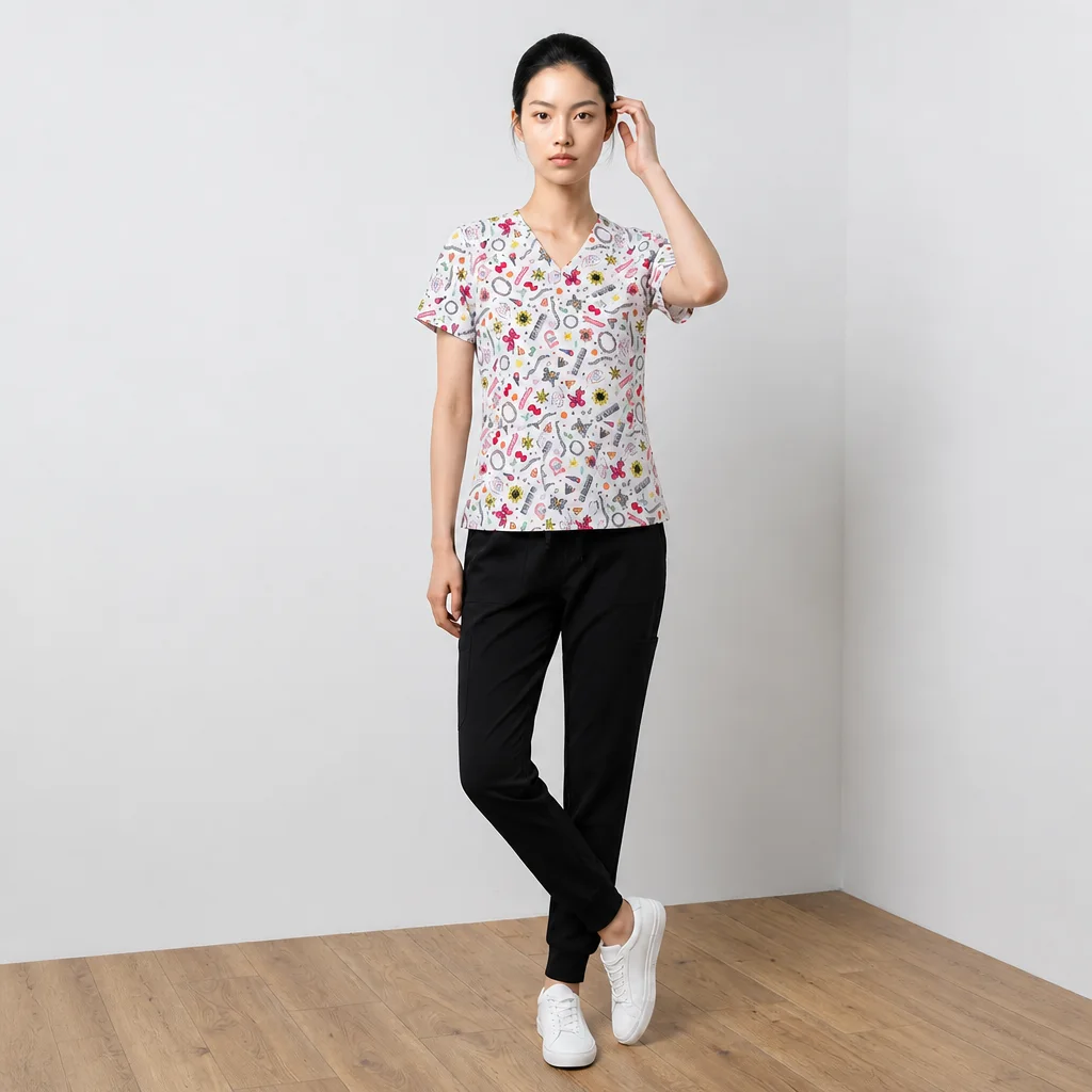 ScrubAid printed V-neck scrub top with black jogger, worn, full length