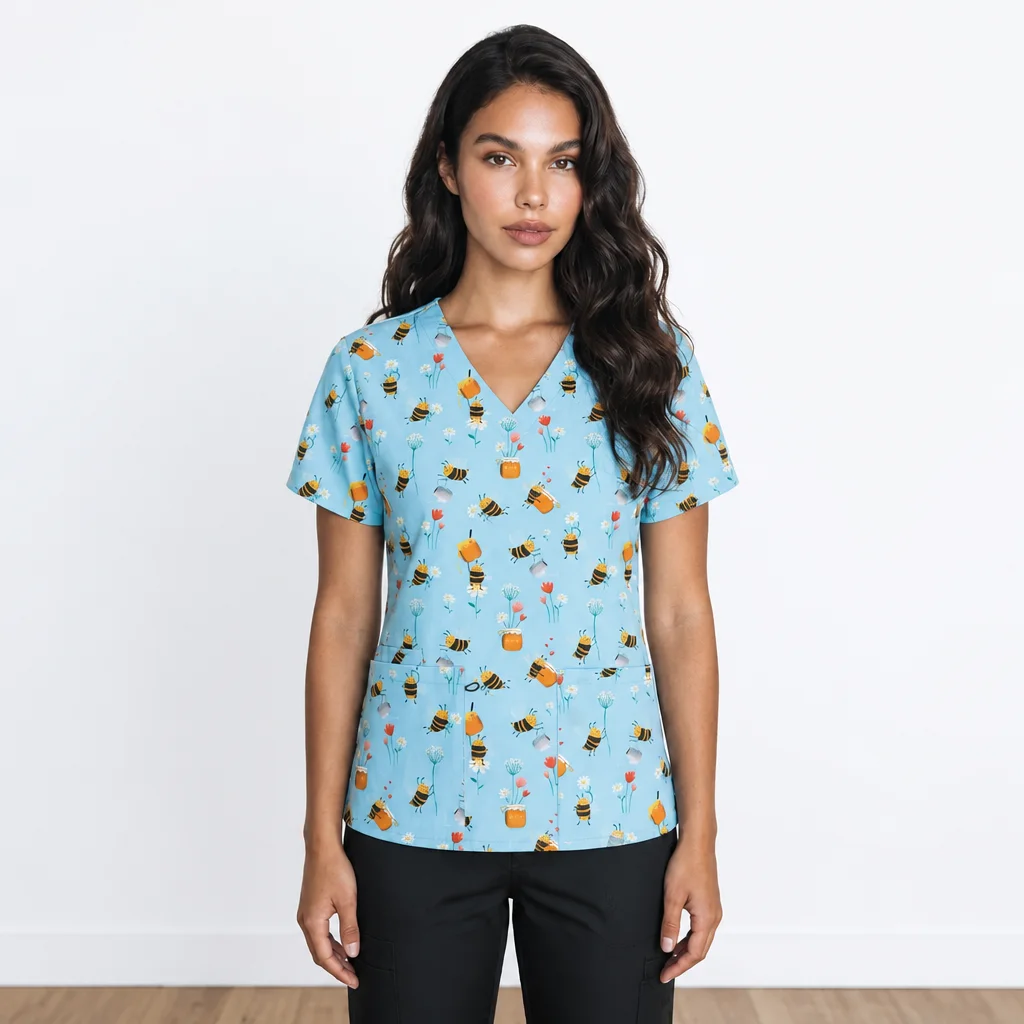 ScrubAid printed V-neck scrub top in sky blue, worn
