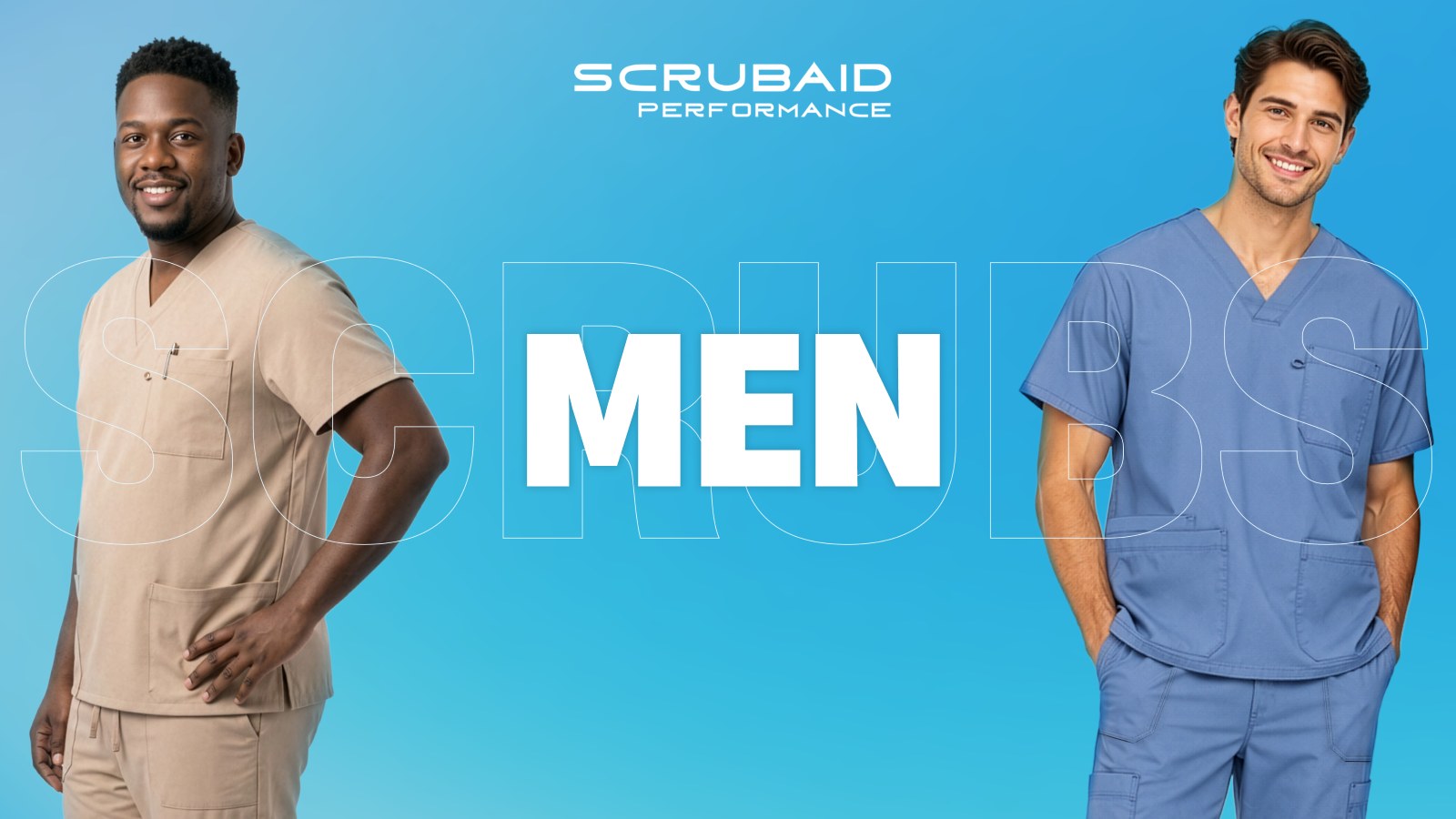 Two men wearing ScrubAid men's scrubs