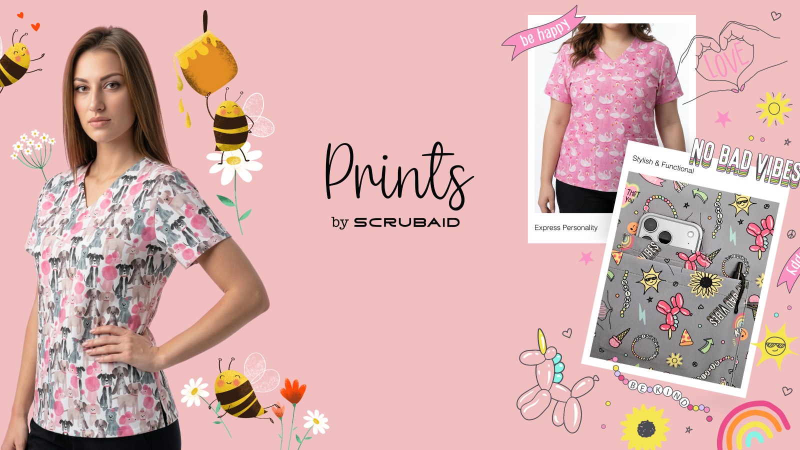 A model wearing a Prints by ScrubAid printed scrub top